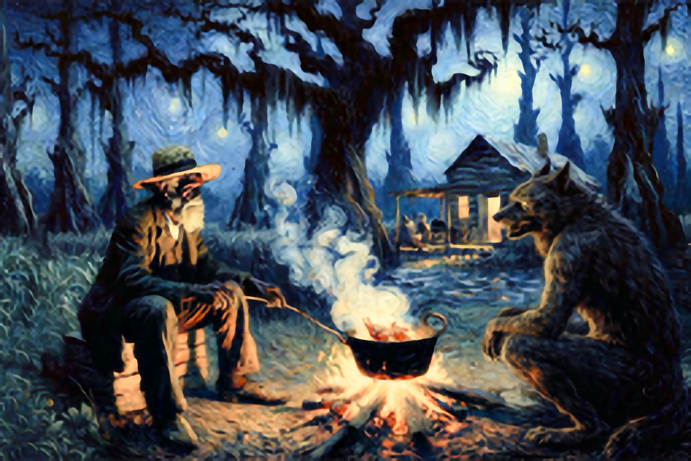 Pop Squally cooking beside a campfire