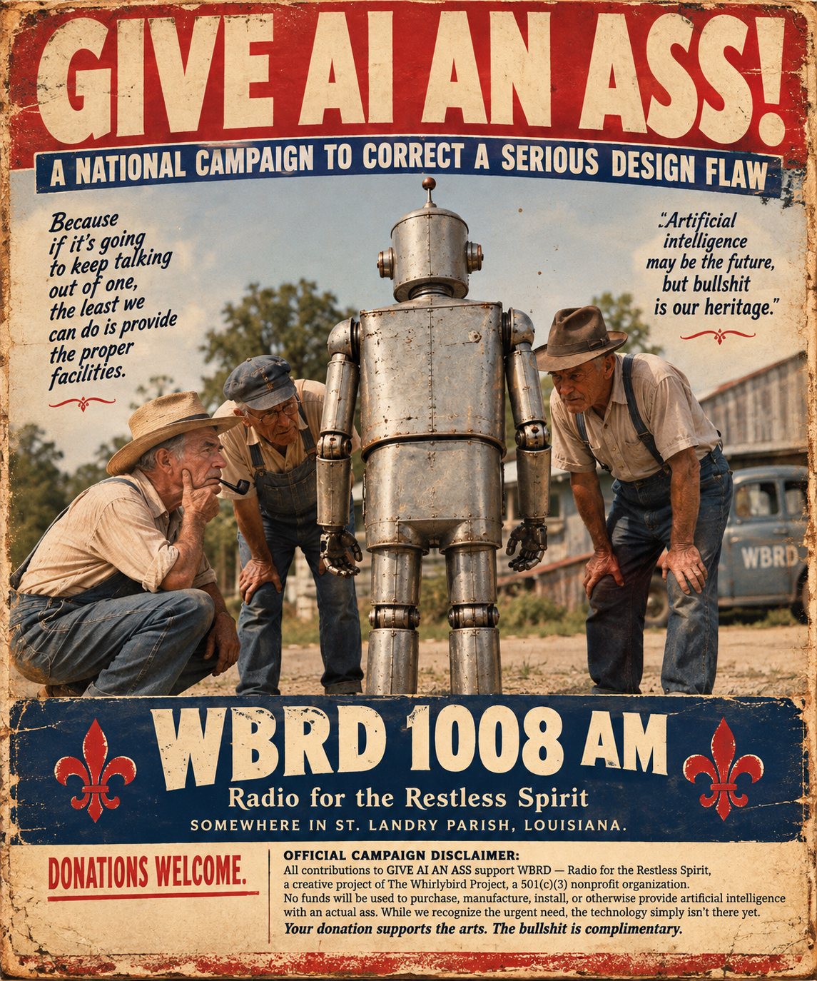 GIVE AI AN ASS! A national campaign to correct a serious design flaw. A vintage Louisiana poster shows three men examining a robot. WBRD 1008 AM — Radio for the Restless Spirit.